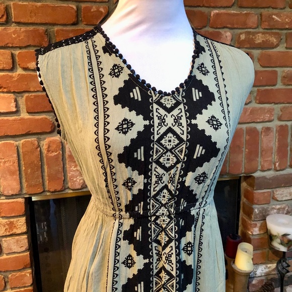 Vintage BoHo HIPPIE CHIC S Moss Green Black Maxi Empire Waist Long Dress - Picture 3 of 12